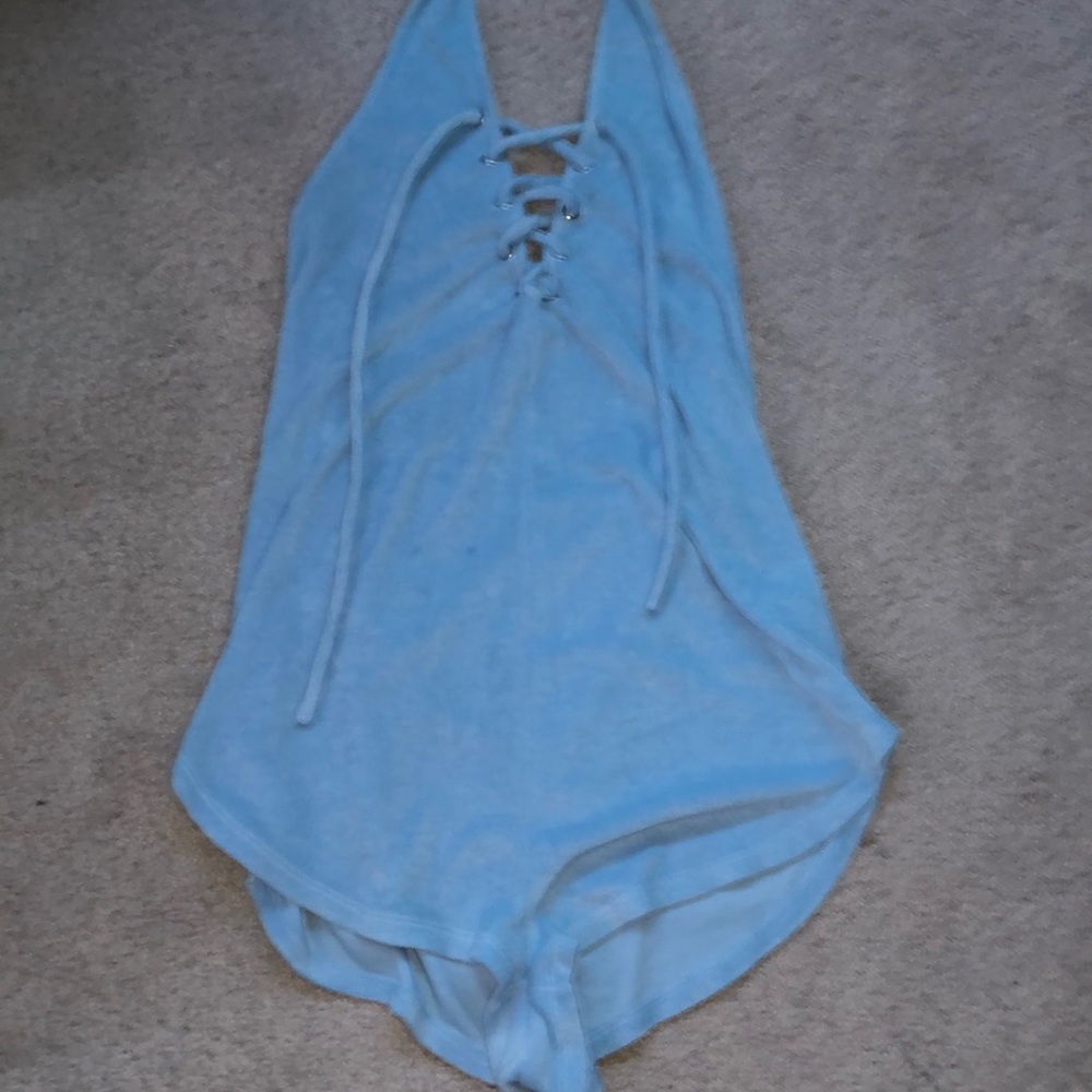 Blue halter front tie romper